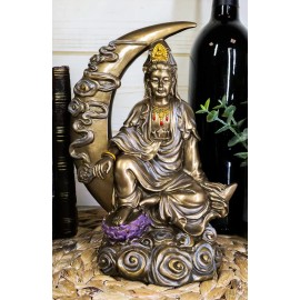 Buddha Water Moon Kuan Yin Sitting On Crescent Moon Altar Figurine 8"H Guanyin