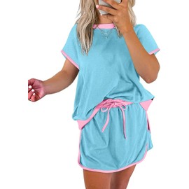 Pinclodly Shorts Sets Women 2 Piece Outfits Skirt 2025 Contrast Color Crewneck T Shirt and Skort Set Summer Loose Colorblock Tracksuit