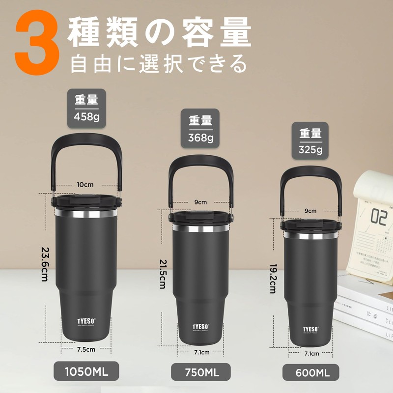 TYESO Tumbler with Straw, 600ml Coffee Thermos, Vacuum Insulated, Double