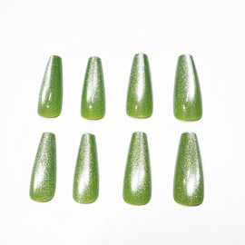 MNmagicnail-Glossy Press On Nails,Medium Coffin Cat Eye False Nails, Opaque "Forest Green" Reusable Nails for Women&girl, Acrylic Fake Nails with Gelly Glue in 12 Sizes-24 Nail Kit