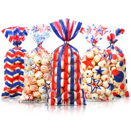 Pasimy 100 Pcs 4th of July Cellophane Bags Patriotic Gift Cello Bags with Silver Twist Ties Independence Day Candy Goodie Treat Bags for July Fourth Veterans Day Memorial Day Party Supplies