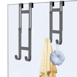 Shower Door Hooks, 7.7"-17.7" Height Adjustable Towel Hook For Frameless Glass Door, Stainless Steel No-Drill Double Bathroom Hooks, With 2 Anti-Slip Pads, Shower Hook For Robe, Bath Towel -1 Pack