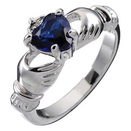 GWG Jewellery 925 Sterling Silver Claddagh Love Ring with Sapphire Blue Heart Stone, Hands, and Crown – 9 in Gift Box for Women