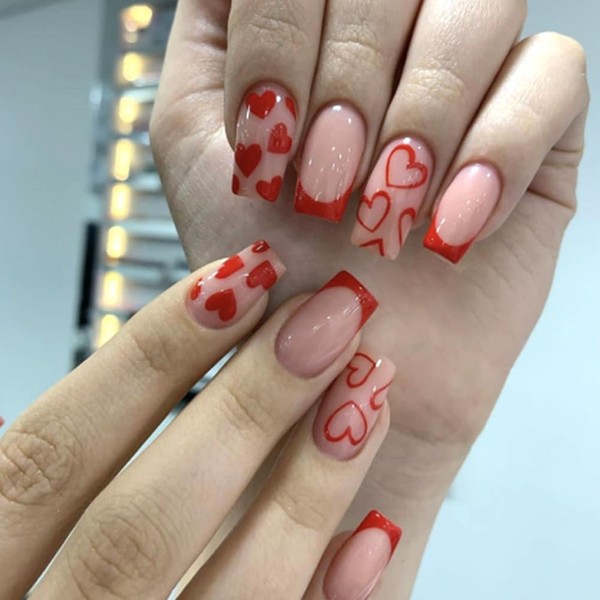 Valentines Square Press On Nails Medium - Heart Press On