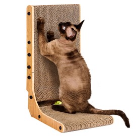 EHEYCIGA Cardboard Cat Scratcher for Indoor Kitten Cats, 19 Inch L Shaped Vertical Cat Scratching Board with Ball Cat Toy, Small Cat Scratcher Pad, Brown