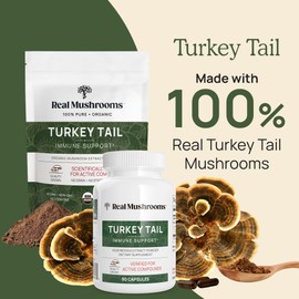 Real Mushrooms Turkey Tail Capsules - Organic Mushroom Supplement with Potent Turkey Tail Mushroom Extract for Gut, Energy, Brain, & Immune Support - Vegan Mushroom Extract, Non-GMO, 90 Caps