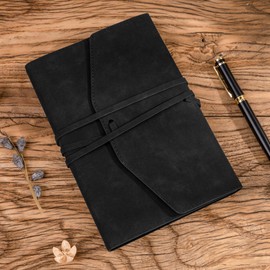 CAGIE Notebook A5 Leather Unisex Diary Vintage Kraft Paper 160 Pages Soft Cover Junk Journal Notebook, Journals for Writing Travel Journaling Sketching Scrapbooking 5.9 x 8.6 inches, Black