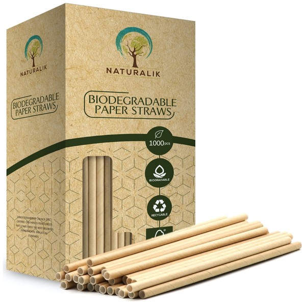 Naturalik 1000-Pack Sturdy Biodegradable Paper Straws Heavy-Duty, Dye-Free, Eco-Friendly Sturdy Paper Straws Bulk Drinking Straws for Smoothies, Restaurants and Party Decorations 7.7" (Brown, 1000pc)