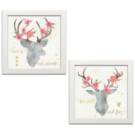 Gango Home Décor Lovely Watercolor-Style Floral Deer Head Silhouette by Jess Aiken; Cabin Decor; Two 12x12in White Framed Prints