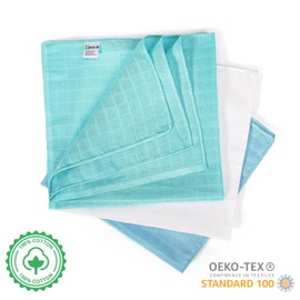 Kolo Muslin Cloths for Babies, Set of 3, 70 x 70 cm, Soft, Absorbent, Cotton, Oeko-Tex® Standard 100, Light Blue/Blue/White