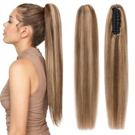 Human Hair Claw Clip Ponytail,Prokyvity Claw Clip Human Hair Ponytail,Claw Clip Ponytail Extension Human Hair,Claw Clip Real Hair Ponytail for Women 14"/105g Medium Brown Mix Dark Blonde
