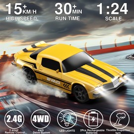 LFOLUSU Remote Control Car RC Drift Car 2.4GHz 1:24 4WD 15KM/H High Speed Racing Sport Car with LED Lights Drifting Tire Racing Sport Toy for Adults Boys Girls Kids Gift 2Pcs Rechargeable Batteries