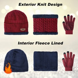 Winter Beanie Hats Scarf Gloves Set Thick Warm Slouchy Beanies Hat Knit Skull Cap Neck Warmer for Men Women, Hat Scarf Set-a-wine Red