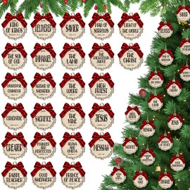 Soaoo 25 Pcs Names of Jesus Ornaments 3 Inch Christmas Religious Ornaments Christ Ornaments Christmas Wood Hanging Decoration with Savior Names and Red Buffalo Plaid Bows Decor (Classic Color)