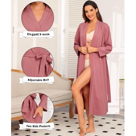 Lovasy Waffle Dressing Gowns for Women UK Cotton Lightweight Spa & Bath Robes for Women Ladies Kimono Dressing Gowns Women's Full-Length Robes with Pockets for Hotel Nursing Pregnancy,Dusky Pink,M