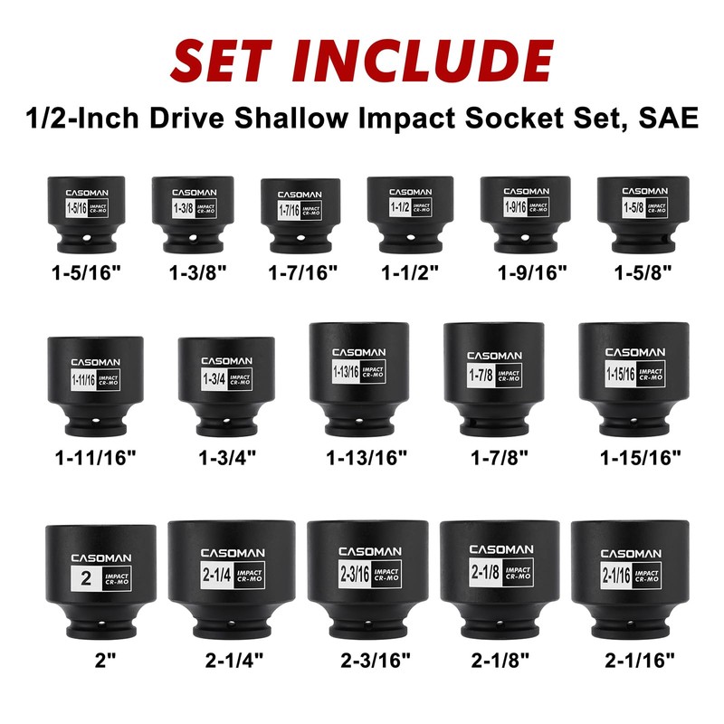 CASOMAN 16PCS 1/2" Drive Shallow Spindle Axle Nut Impact Socket