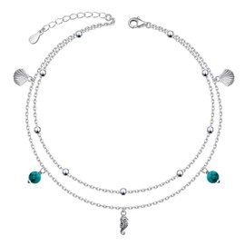 925 Sterling Silver Seahorse Shell Created Turquoise Double Layer Beaded Chain Beach Anklet for Women Adjustable 9+1 Inch