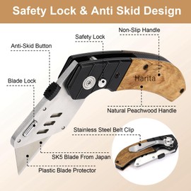 Harita Utility Knife Box Cutter with Belt Clip, Extra 5 pack refilled Blades and Wood Handle Heavy Duty Cutter, Quick-change & Safety Back Lock