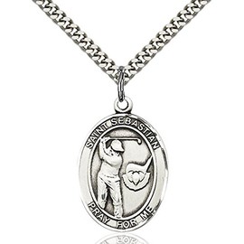 Bonyak Jewelry Saint Medal Collection Sterling Silver St. Sebastian/Golf Pendant 1 x 3/4 inches with Heavy Curb Chain