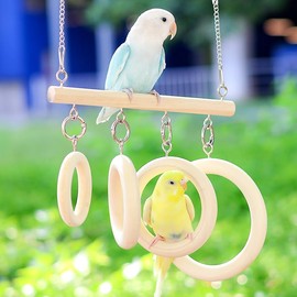 Bird Swing for Cage - Natural Wood Bird Toys Chew-Proof with 4 Rings & Perch, Cockatiel Toys for Parakeets, Conures, Lovebirds (Indoor/Outdoor) (Wood Color)