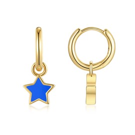 WIOY Gold Huggie Hoop Earrings for Women, 925 Sterling Silver Dangle Star Earrings, Blue