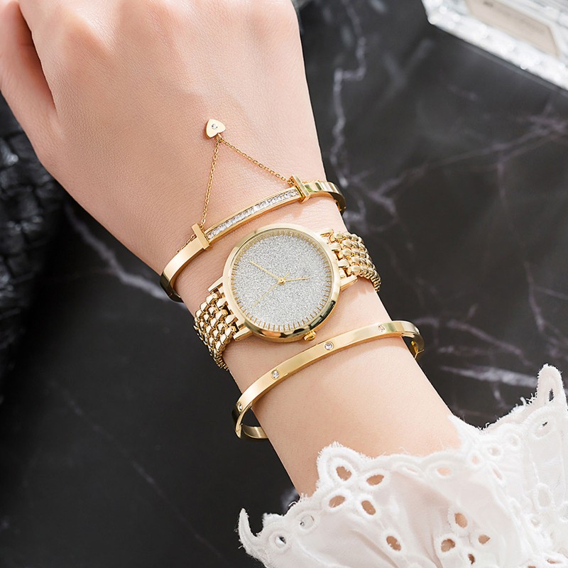 3pcs Women Watch Bracelet Set Gillter Elegant Hypoallergenic Waterproof Quartz