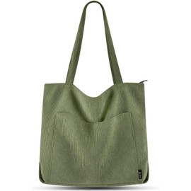 Prite Corduroy Tote Bag for Women Large Shoulder Bag with Zipper and Pockets for College School Work Travel Shopping-Green