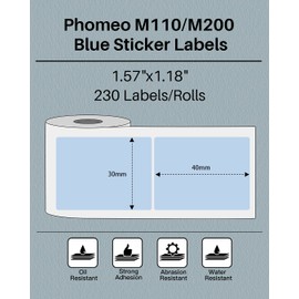 Phomemo Sticker Label M110/M221/M220/M120/M200/M110S Thermal Label- Black on Blue 1.57"x1.18"(40x30mm) for Small Business, Home, Office, 230 Labels/Roll