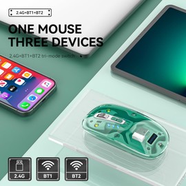 Uiosmuph M133 Maus Kabellos, Wiederaufladbare Bluetooth Maus (DREI Modi: BT 5.1/5.1 + 2.4G), Transparente Abdeckung, Batteriestand sichtbar,Leise Funkmaus für Laptop, Mac OS, Android(dunkel grün)