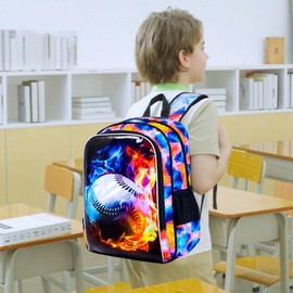 KLFVB 3PCS Boys Bookbag, 17" Kids Backpack and Lunch Box, Water Resistant Teenagers School Bag for Middle Elementary - Flame Baseball