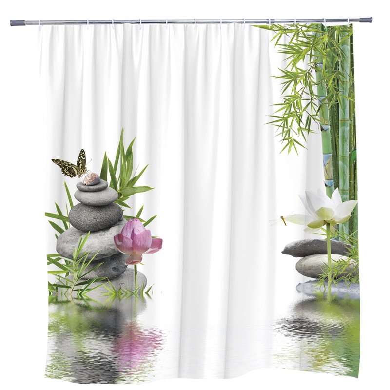 Zen Shower Curtain Green Bamboo Spa Garden Stone Meditation Japanese