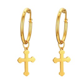 JewelryWe Men Women Pair of Stainless Steel Dangle Cross Hoop Earrings,Gold