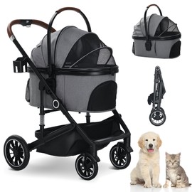 TODEFULL Pet Stroller with 4 Wheels, 3 in 1 Folding Puppy Strollers for Small/Medium Dogs Cats up to 50lbs, Lightweight Pet Travel Carrier with Detachable Cushion, Storage Basket and Cup Holder, Gray