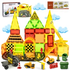 Magnetic Tile Kids Magnetic Construction Set with Crane,Magnetic Building Blocks for Boys Girls Ages 3-5 5-7 8-12,Includes Truck Toys,Crane,Road Tracks,Traffic Roadblock Signs and Play Mat/Storage Bag