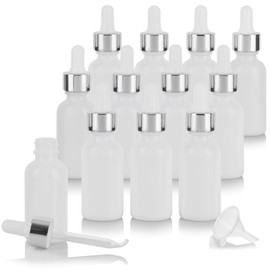 1 oz Opal White Glass Boston Round Bottle with Silver Metal and Glass Dropper (12 pack) + Funnel | Refillable Empty Storage Containers