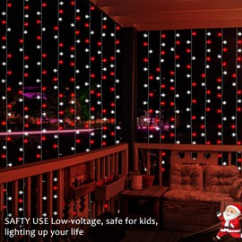 Luces de cortina de batería rojas y blancas de 300 luces LED de Navidad de 9.8 pulgadas de largo x 9.8 pies de alto, luces de cortina de bastón de caramelo con control remoto, 8 modos de temporizador