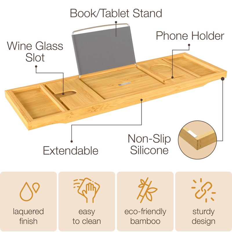 Wooden Bathtub Tray - Foldable Expandable Bamboo Bath Tray for