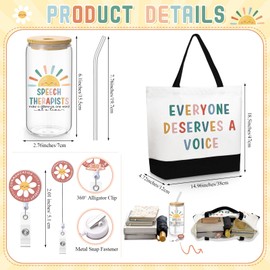 Vesici 3 Pcs Speech Therapist Gifts SLP Gifts for Speech Language Pathologist 16 oz Glass Cup Large Tote Bag with Retractable Badge Reel SLP Appreciation Christmas School Essentials for Therapist