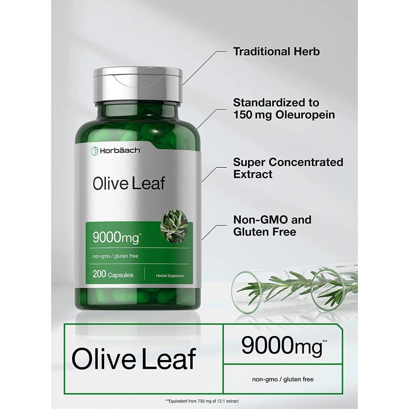 Horbäach Olive Leaf Extract Capsules 9000mg | 200 Count |