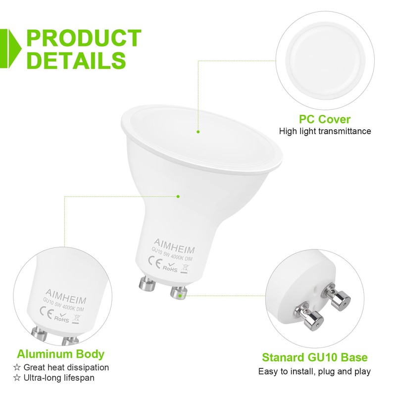 AIMHEIM Dimmable GU10 LED Spotlights, 4000K 5W Replaces Halogen 50W,