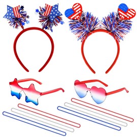 BEBAOVO Patriotic Party Accessories Set, Star and Heart Headbands, Sunglasses, Red White Blue Beaded Necklaces, 4th of July Celebration Independence Day Memorial Day Supplies
