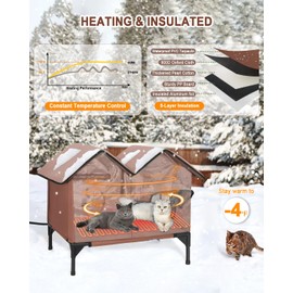 Large Heated Cat House for Outside in Winter, Elevated Insulated Heated Outdoor Cat House Weatherproof with Heating Pad, Waterproof Outdoor Cat Shelter for Multiple Cats Small Dogs (Brown)