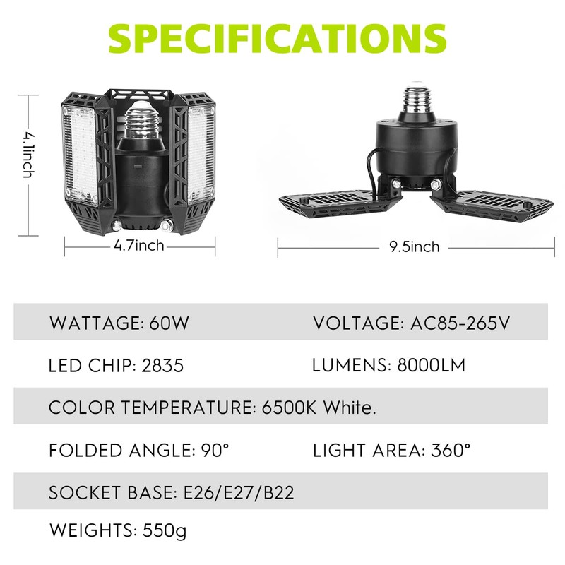 4 Pack Led Garage Lights, 60W Deformable Garage Ceiling Light