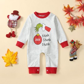 Newborn Baby Girl Boy Christmas Outfit Long Sleeve Romper Jumpsuit Bodysuit Santa Infant Fall Winter Clothes (D-Grey Stink Stank Stunk, 6-12 Months)