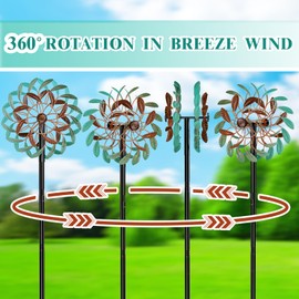 Gouisalin 360° Wind Spinners Outdoor, Wind Sculptures Windmill with Metal Stake, Kinetic Large Metal Yard Art Decor Spinners Pinwheels for Garden Outside Patio Lawn, 63.2 * 13.2" (Green)