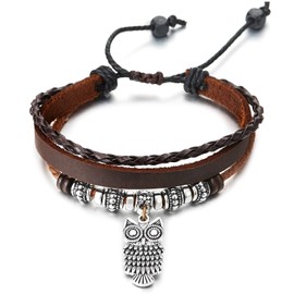 COOLSTEELANDBEYOND Brown Multi-Strand Leather Bracelet, Owl and Beads Charms, Braided Cotton Strap, for Mens Womens