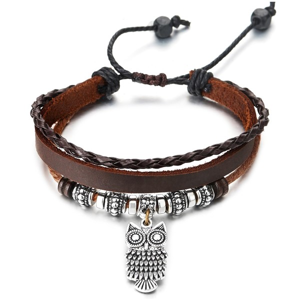 COOLSTEELANDBEYOND Brown Multi-Strand Leather Bracelet, Owl and Beads Charms, Braided