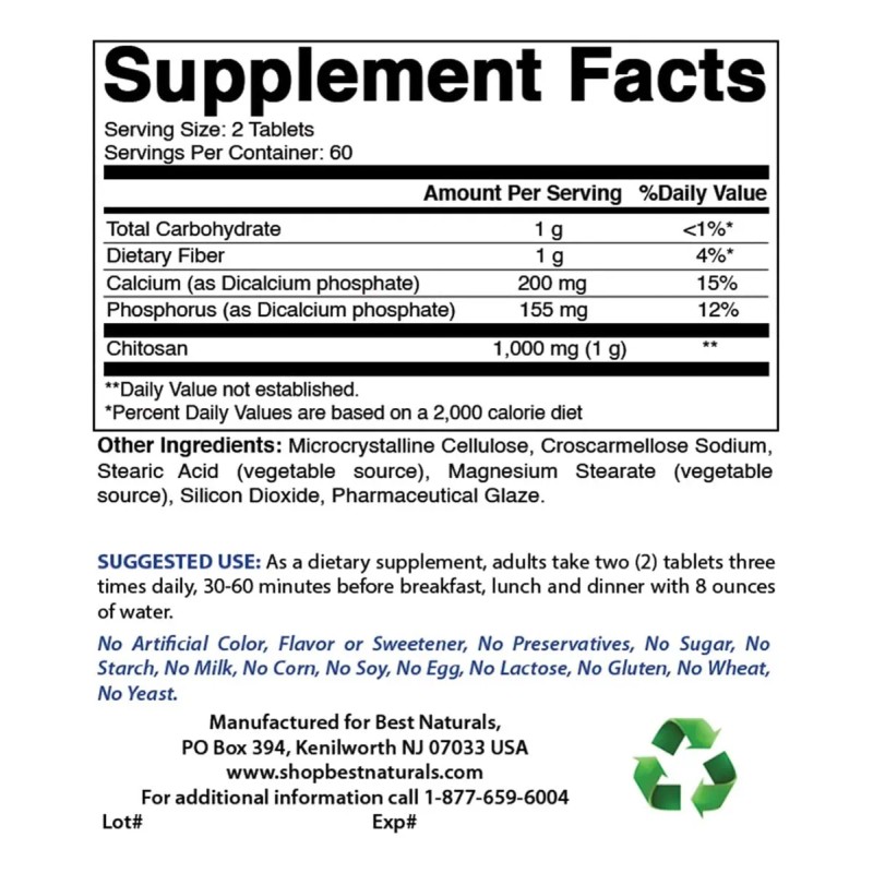 Suplemento Pérdida De Peso De Quitosano 500 Mg 120 Tabletas