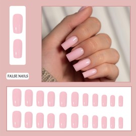 24Pcs Square False Nails - French Pink Tip Medium - Press on Nails Solid Colour Fake Fingernails - Removable Glue on Nails Acrylic Full Cover Stick on Nail for Women Girls