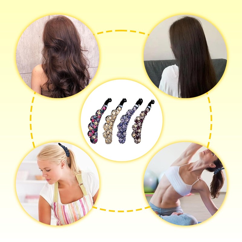 4 Pack Large Elegant Rhinestone Banana Hair Clips for Girls